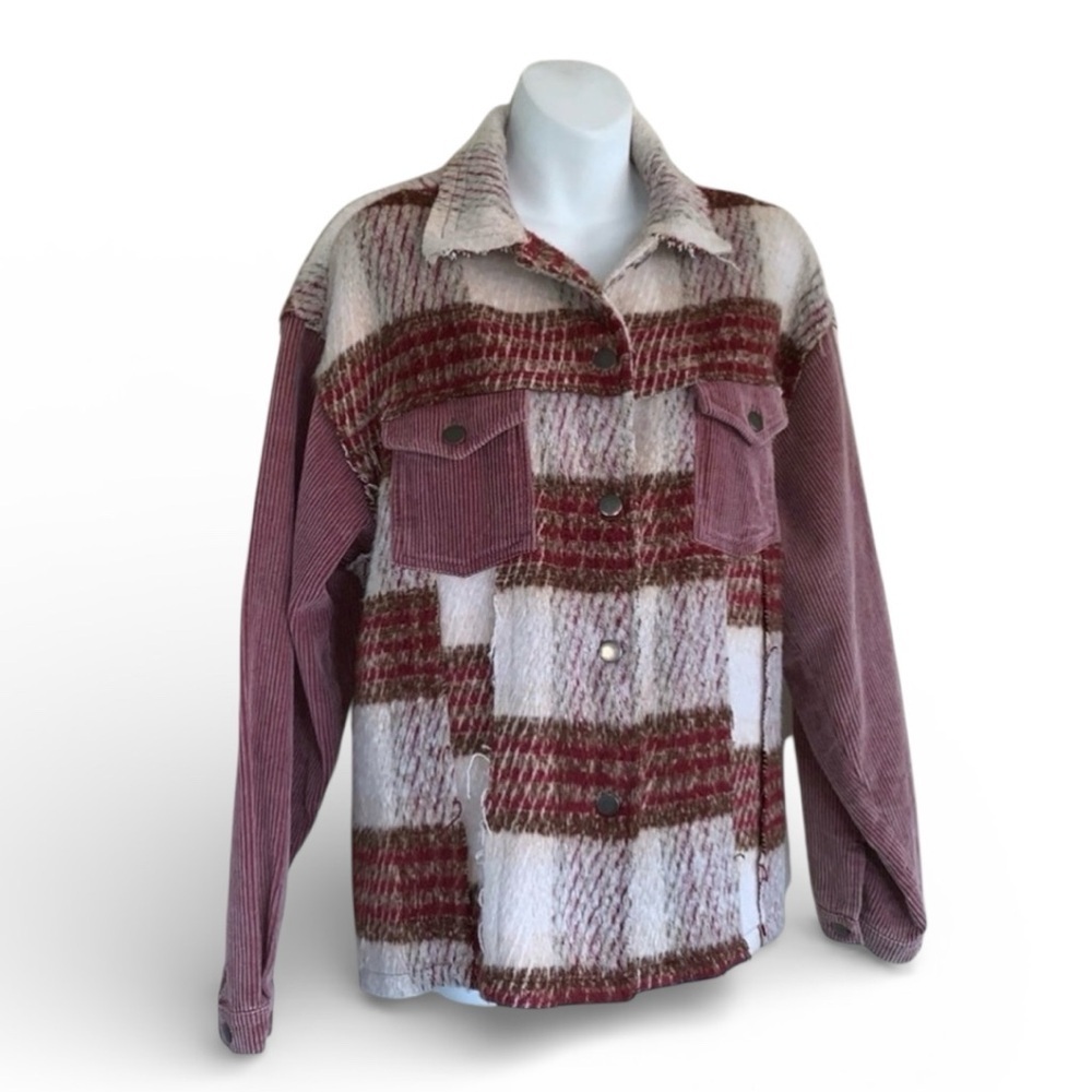 Pols jacket women's L corduroy plaid, fleece, button front, pockets. Shacket euc